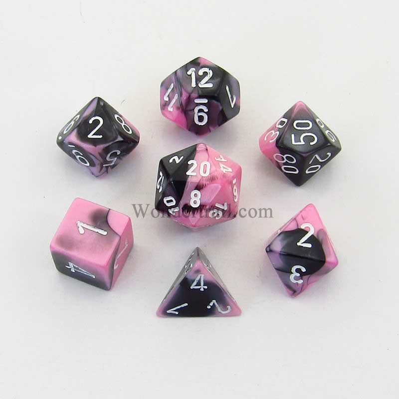 CHX26430 Black and Pink Gemini Dice White Numbers 7 Dice Set 16mm Main Image