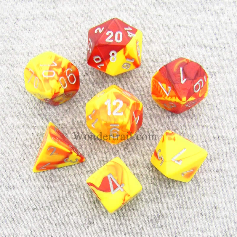 CHX26450 Red and Yellow Gemini Dice Silver Numbers 7 Dice Set 16mm 2nd Image