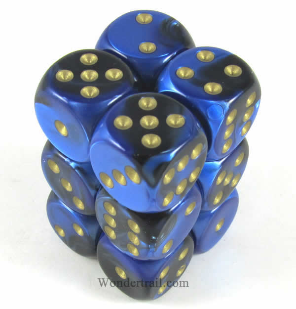 CHX26635 Black Blue Gemini Dice Gold Pips D6 16mm (5/8in) Pack of 12 Main Image