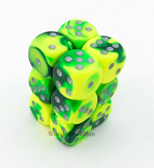 CHX26654 Green Yellow Gemini Dice Silver Pips D6 16mm (5/8in) Pack of 12 Main Image