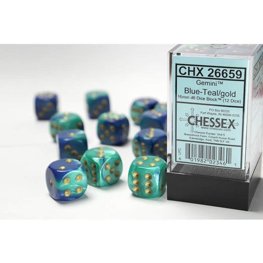 CHX26659 Blue and Teal Gemini Dice with Gold Pips D6 16mm (5/8in) Pack of 12 Main Image