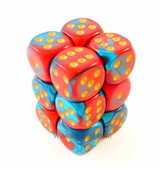 CHX26662 Red Teal Gemini Dice Gold Pips D6 16mm (5/8in) Pack of 12 Main Image