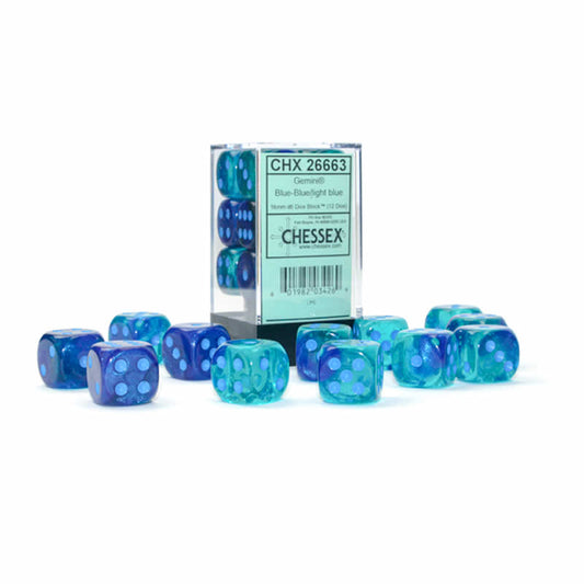 CHX26663 Blue Gemini Luminary Dice with Light Blue Pips D6 16mm (5/8in) Pack of 12 Main Image