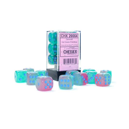 CHX26664 Gel Green and Pink Gemini Luminary Dice with Blue Pips D6 16mm (5/8in) Pack of 12 Main Image