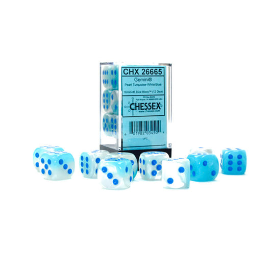 CHX26665 Turquoise and White Gemini Luminary Dice with Blue Pips D6 16mm (5/8in) Pack of 12 Main Image