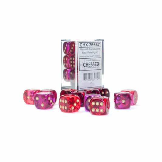 CHX26667 Red and Violet Gemini Translucent Dice with Gold Colored Pips D6 16mm (5/8in) Pack of 12 Main Image