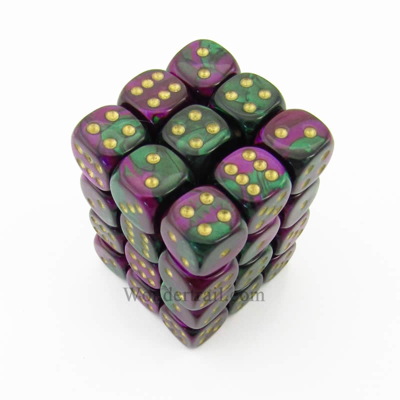 CHX26834 Green Purple Gemini Dice Gold Pips D6 12mm (1/2in) Pack of 36 Main Image