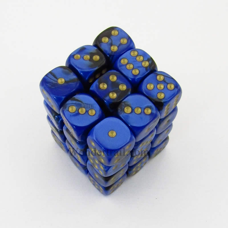 CHX26835 Black Blue Gemini Dice Gold Pips D6 12mm (1/2in) Pack of 36 Main Image
