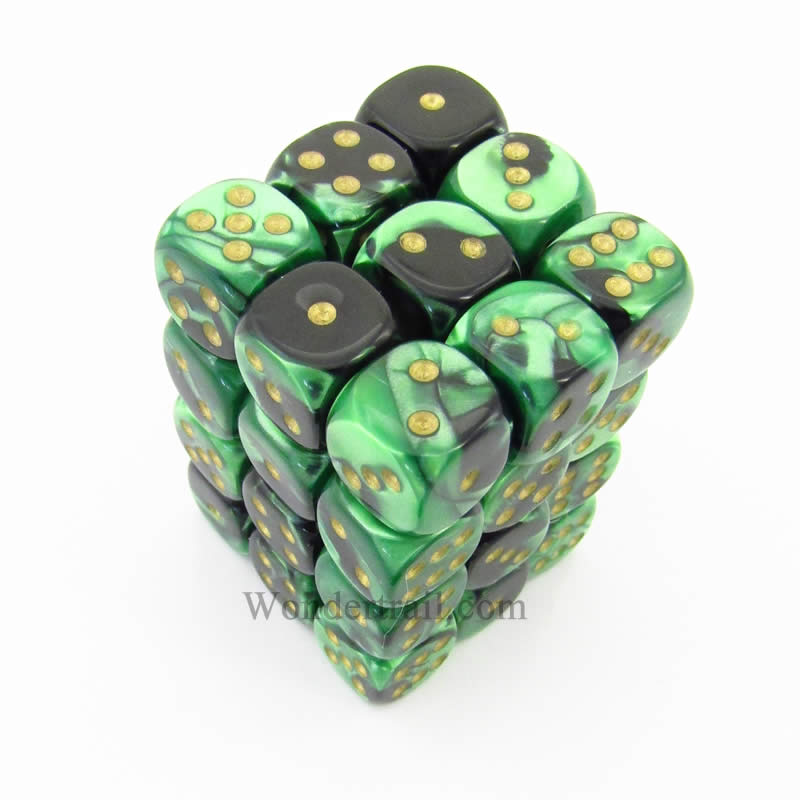 CHX26839 Black Green Gemini Dice Gold Pips D6 12mm (1/2in) Pack of 36 Main Image