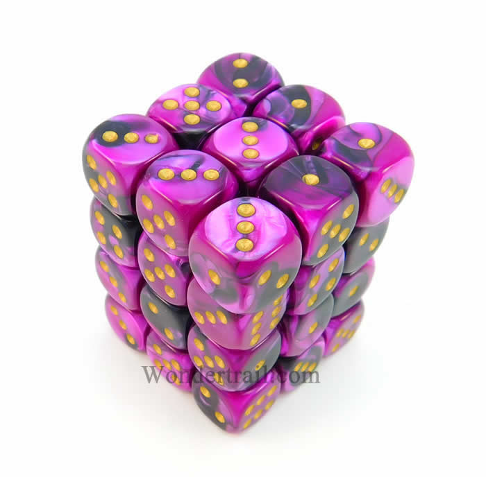 CHX26840 Black Purple Gemini Dice Gold Pips D6 12mm (1/2in) Pack of 36 Main Image