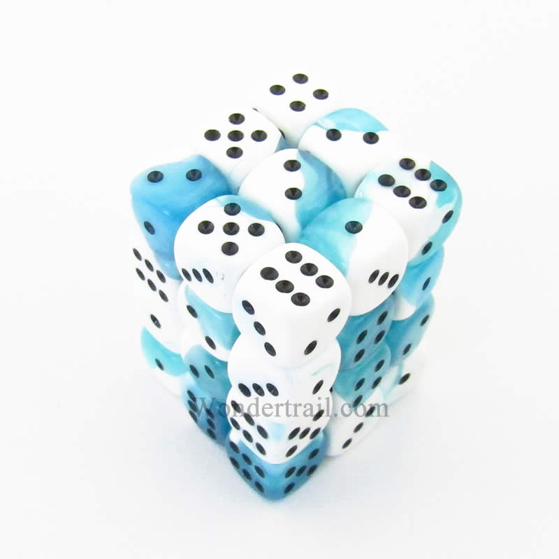 CHX26844 White Teal Gemini Dice Black Pips D6 12mm (1/2in) Pack of 36 Main Image