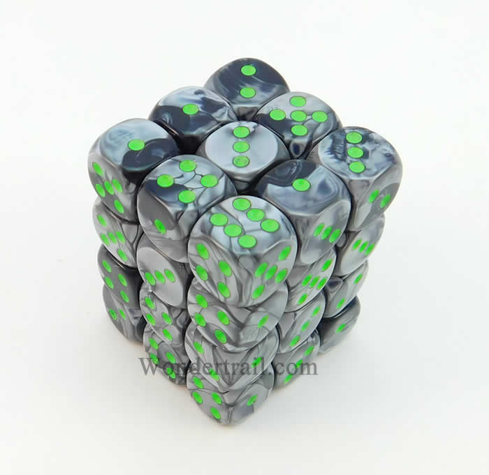 CHX26845 Black Gray Gemini Dice Green Pips D6 12mm (1/2in) Pack of 36 Main Image