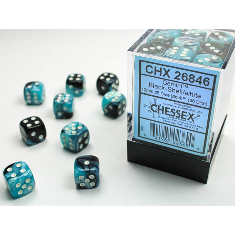 CHX26846 Black and Shell Gemini Dice with White Pips D6 12mm (1/2in) Pack of 36 Main Image