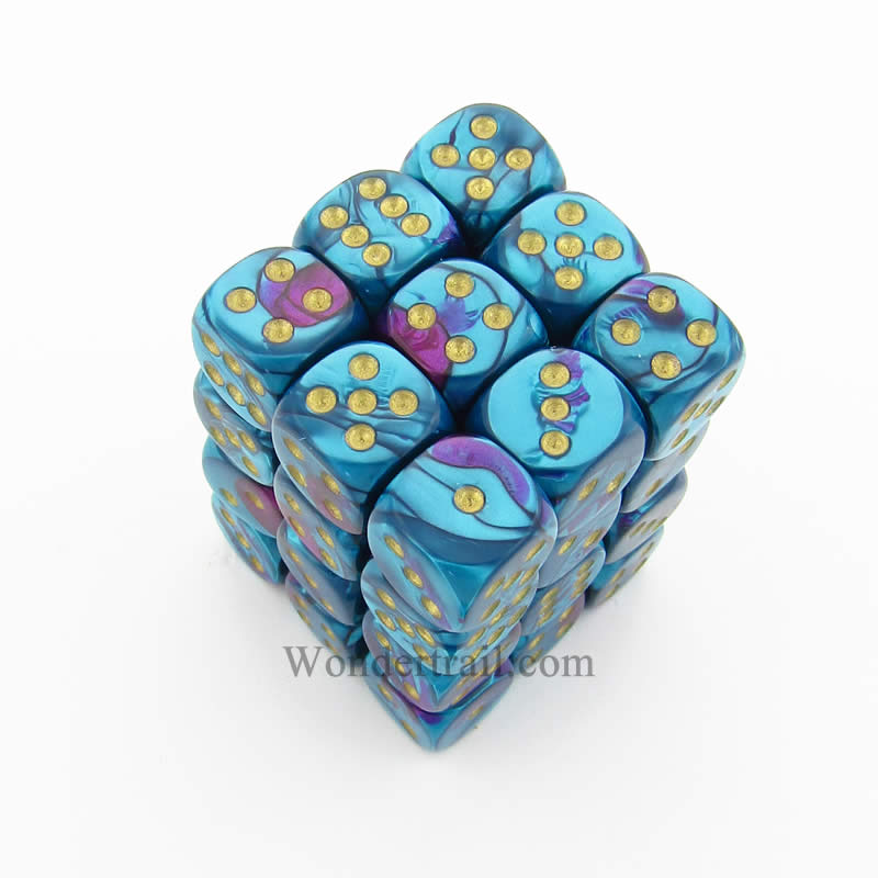 CHX26849 Purple Teal Gemini Dice Gold Pips D6 12mm (1/2in) Pack of 36 Main Image
