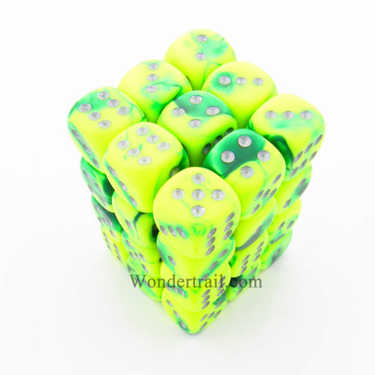 CHX26854 Green Yellow Gemini Dice Silver Pips D6 12mm (1/2in) Pack of 36 Main Image
