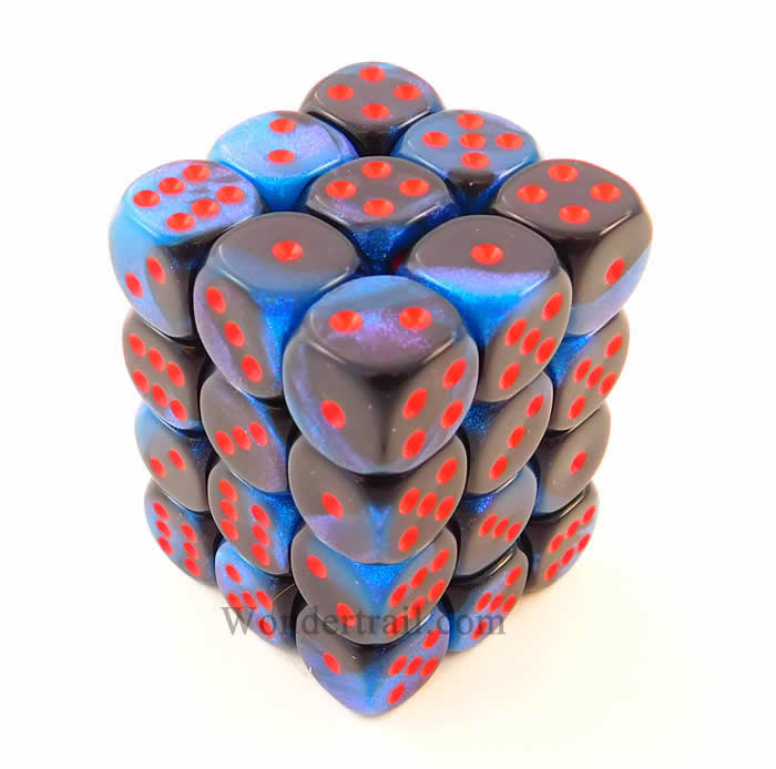 CHX26858 Black Starlight Blue Gemini Dice Red Pips D6 12mm Pack of 36 Main Image