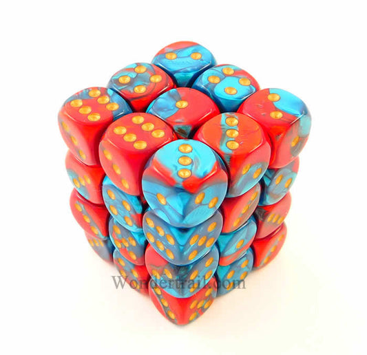 CHX26862 Red Teal Gemini Dice Gold Pips D6 12mm (1/2in) Pack of 36 Main Image