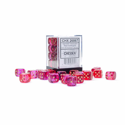 CHX26867 Red and Violet Gemini Translucent Dice with Gold Colored Pips D6 12mm (1/2in) Pack of 36 Main Image
