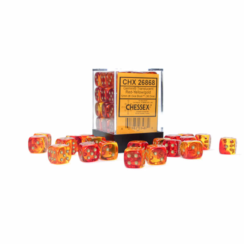 CHX26868 Red and Yellow Gemini Translucent Dice with Gold Colored Pips D6 12mm (1/2in) Pack of 36 Main Image