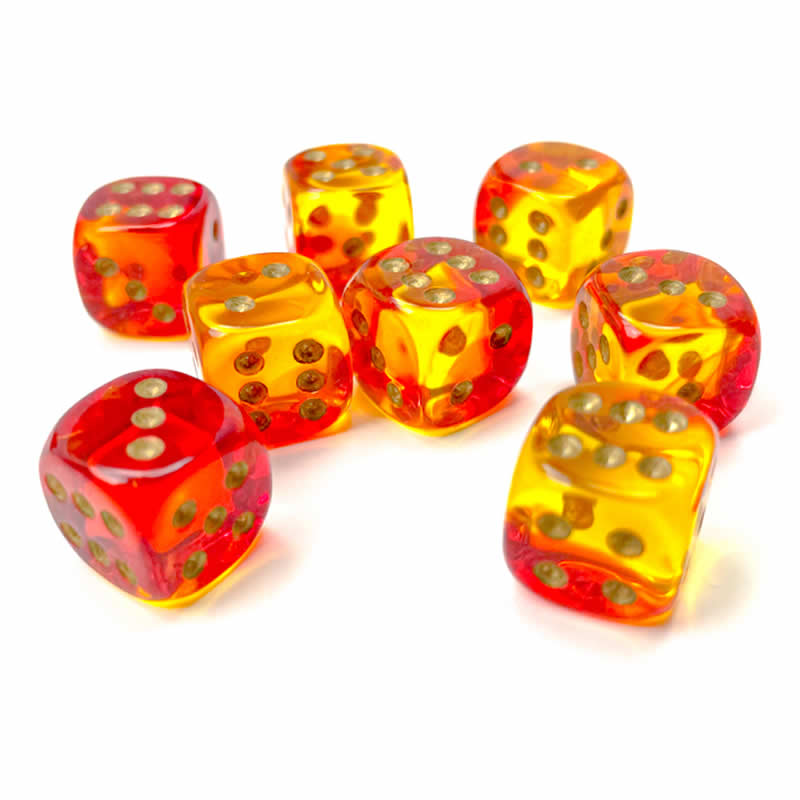 CHX26868 Red and Yellow Gemini Translucent Dice with Gold Colored Pips D6 12mm (1/2in) Pack of 36 2nd Image