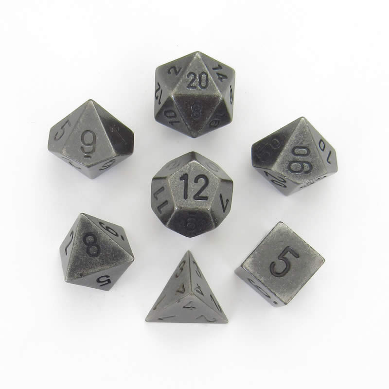 CHX27028 Metal Dark Metal Colored Dice Black Numbers 16mm (5/8in) Set of 7 Main Image