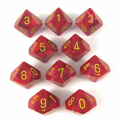 CHX27244 Red Vortex Dice Yellow Numbers D10 16mm (5/8in) Pack of 10 Main Image
