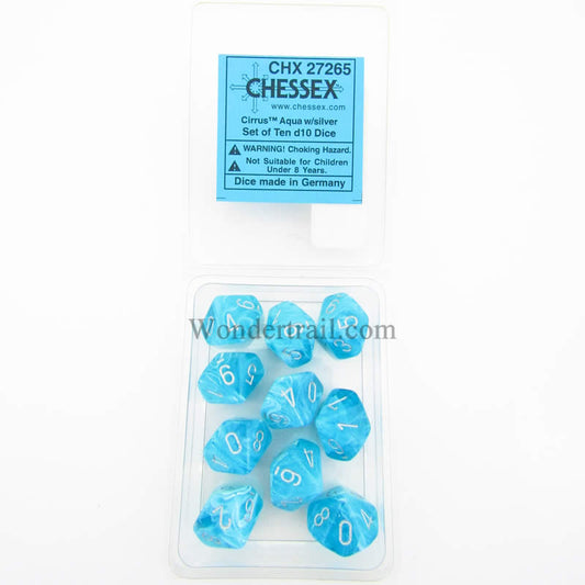 CHX27265 Aqua Cirrus Dice Silver Numbers D10 16mm (5/8in) Pack of 10 Main Image