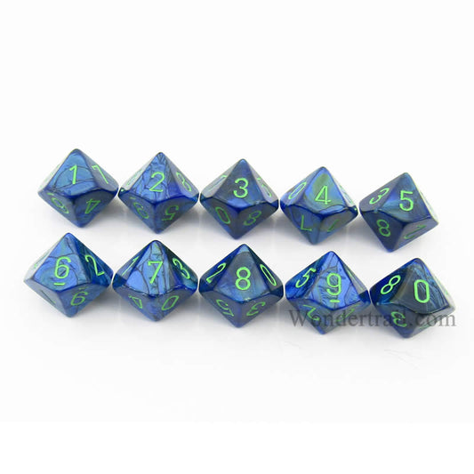 CHX27296 Dark Blue Lustrous Dice Green Numbers D10 16mm Pack of 10 Main Image