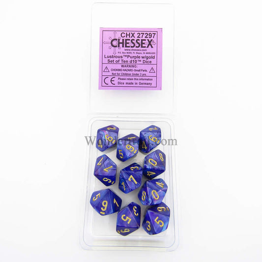 CHX27297 Purple Lustrous Dice Gold Numbers D10 16mm (5/8in) Pack of 10 Main Image