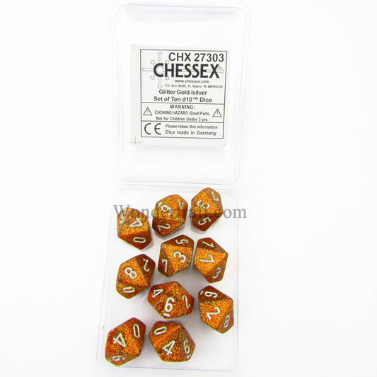 CHX27303 Gold Glitter Dice with Silver Numbers D10 16mm (5/8in) Pack of 10 Main Image