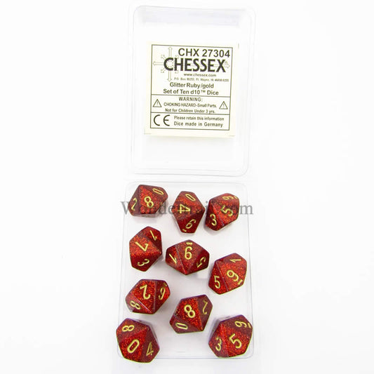CHX27304 Ruby Glitter Dice with Gold Numbers D10 16mm (5/8in) Pack of 10 Main Image
