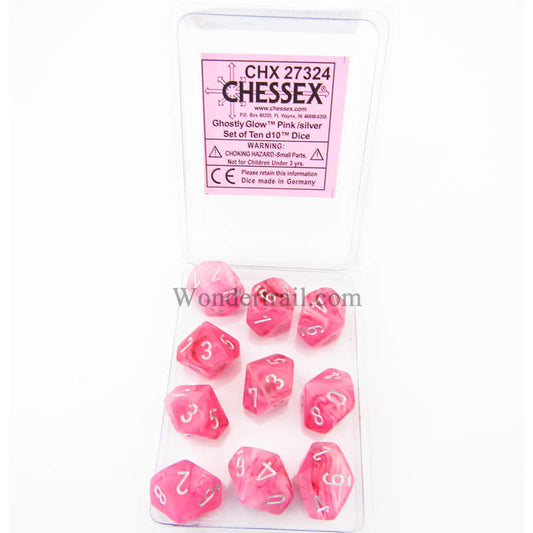CHX27324 Pink Ghostly Glow Dice Silver Numbers D10 16mm Pack of 10 Main Image