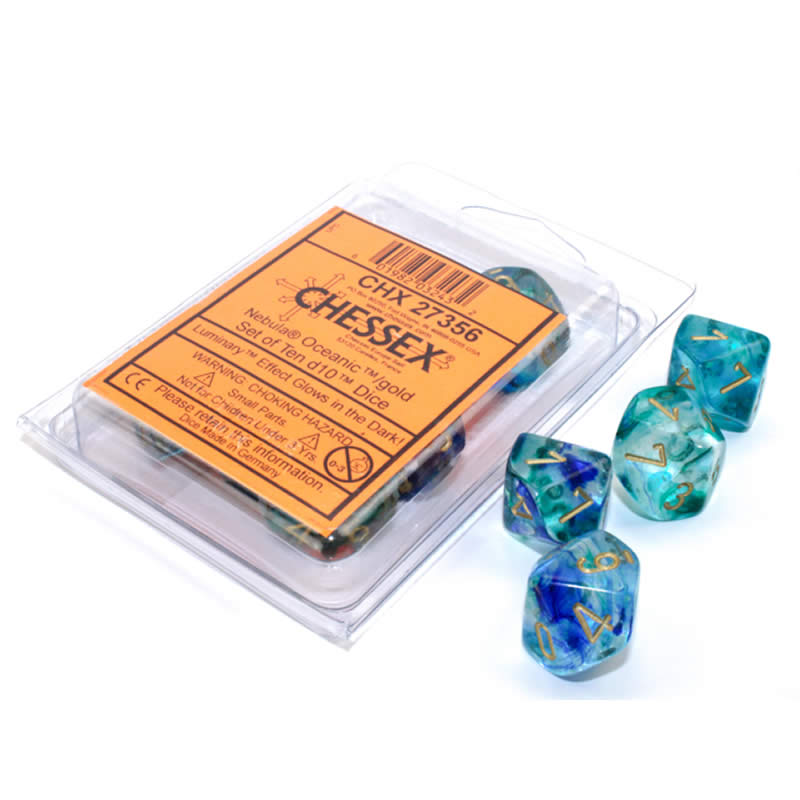 CHX27356 Oceanic Nebula Luminary Dice Gold Numbers D10 16mm Pack of 10 Main Image