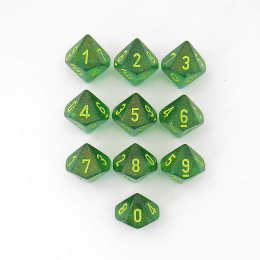 CHX27365 Maple Green Borealis Dice Yellow Numbers D10 16mm Pack of 10 Main Image