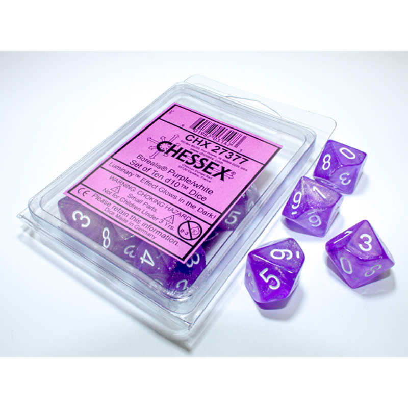 CHX27377 Purple Borealis Dice Luminary White Numbers D10 16mm (5/8in) Pack of 10 Main Image