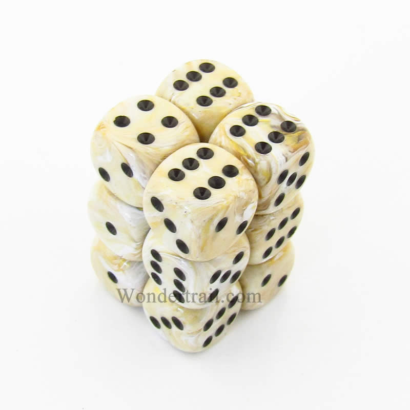 CHX27602 Ivory Marbleized Dice with Black Pips D6 16mm (5/8in) Pack of 12 Main Image