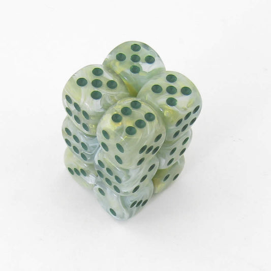 CHX27609 Green Marble Dice Dark Green Pips D6 16mm (5/8in) Pack of 12 Main Image