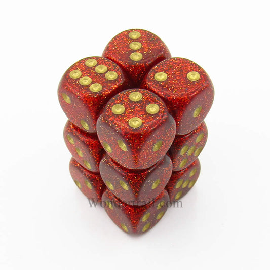 CHX27704 Ruby Glitter Dice with Gold Pips D6 16mm (5/8in) Pack of 12 Main Image