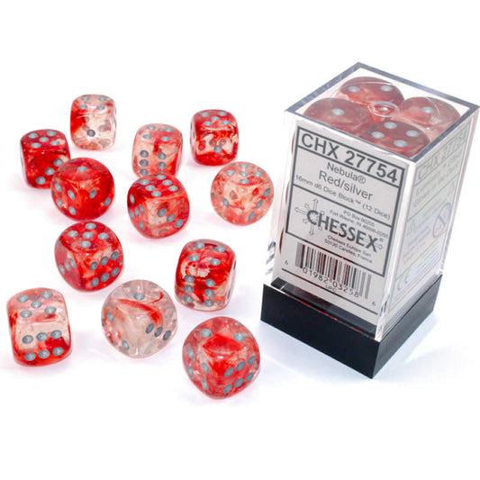 CHX27754 Red Nebula Luminary Dice Silver Pips D6 16mm (5/8in) Pack of 12 Main Image