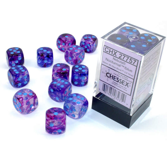 CHX27757 Nocturnal Nebula Luminary Dice Blue Pips D6 16mm (5/8in) Pack of 12 Main Image