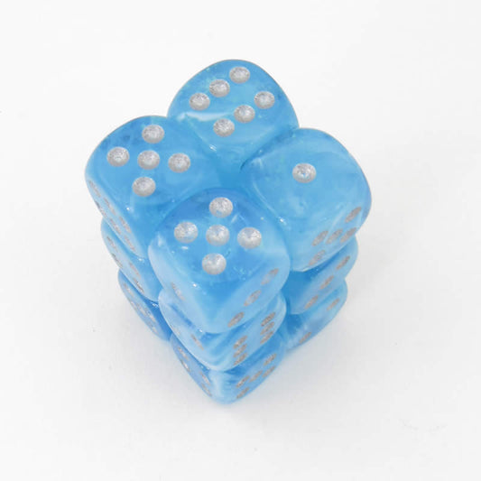 CHX27766 Sky Borealis Dice Luminary Silver Pips D6 16mm (5/8in) Pack of 12 Main Image