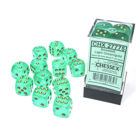 CHX27775 Light Green Borealis Dice Luminary Gold Pips D6 16mm (5/8in) Pack of 12 Main Image