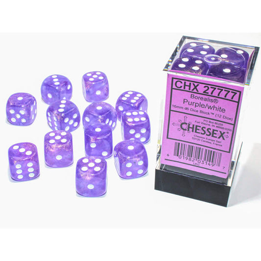 CHX27777 Purple Borealis Dice Luminary White Pips D6 16mm (5/8in) Pack of 12 Main Image
