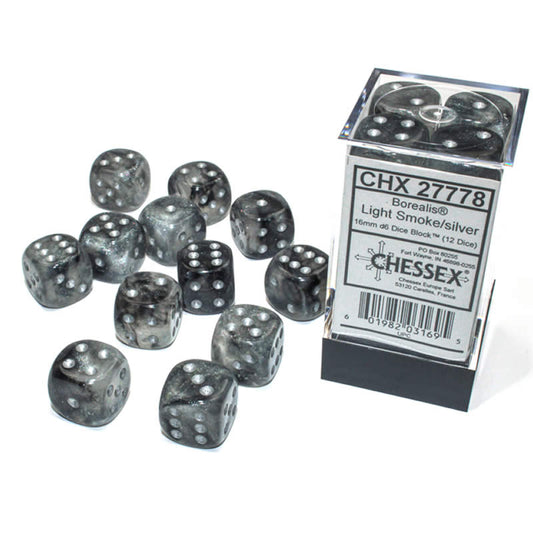 CHX27778 Light Smoke Borealis Dice Luminary Silver Pips D6 16mm (5/8in) Pack of 12 Main Image