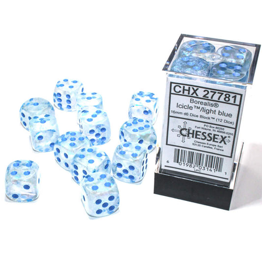 CHX27781 Icicle Borealis Dice Luminary Light Blue Pips D6 16mm (5/8in) Pack of 12 Main Image