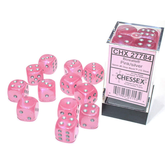 CHX27784 Pink Borealis Dice Luminary Silver Pips D6 16mm (5/8in) Pack of 12 Main Image
