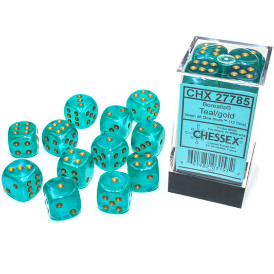 CHX27785 Teal Borealis Dice Luminary Gold Pips D6 16mm (5/8in) Pack of 12 Main Image