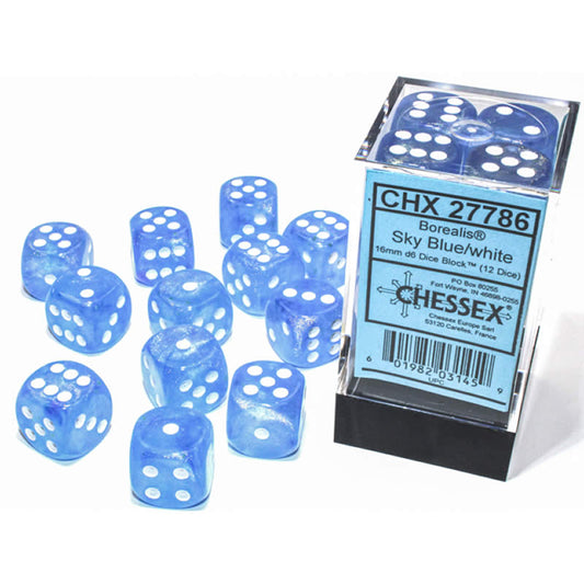 CHX27786 Sky Blue Borealis Dice Luminary White Pips D6 16mm (5/8in) Pack of 12 Main Image