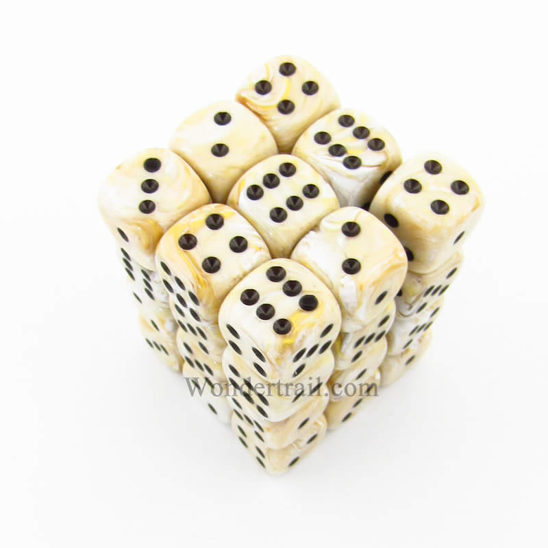 CHX27802 Ivory Marbleized Dice with Black Pips D6 12mm (1/2in) Pack of 36 Main Image