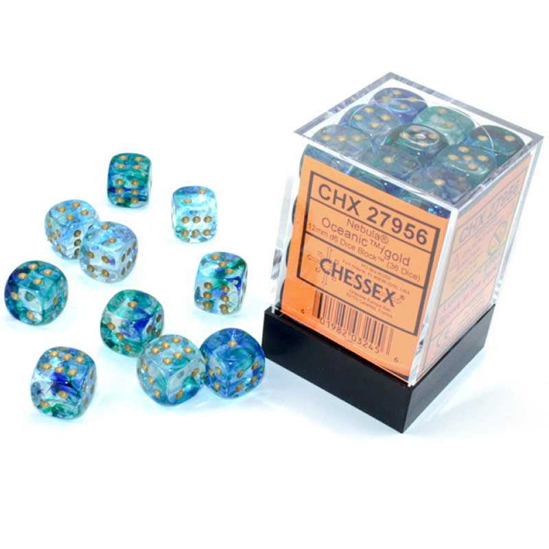 CHX27956 Oceanic Nebula Luminary Dice Gold Pips D6 12mm (1/2in) Pack of 36 Main Image